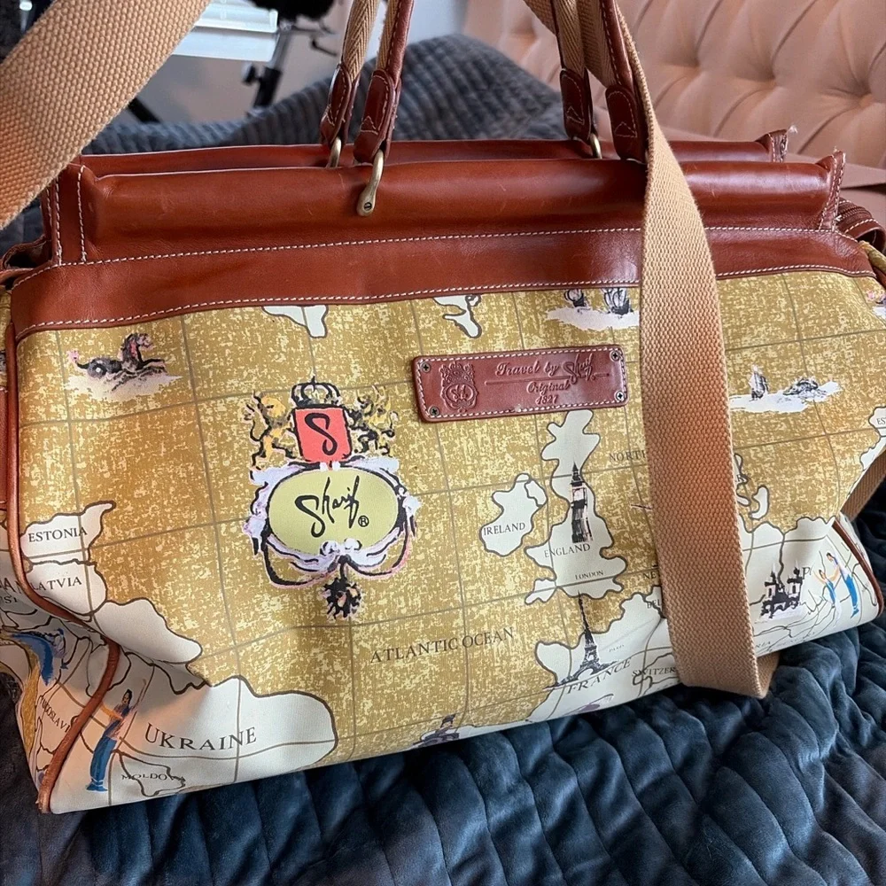 Travel by Sharif Vintage World Map Leather Trim Duffel Weekender Bag - Picture 2 of 11